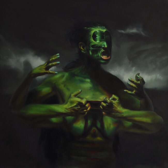 custom painting of a monster, green humanoid monster with 4 arms in a stormy background.
