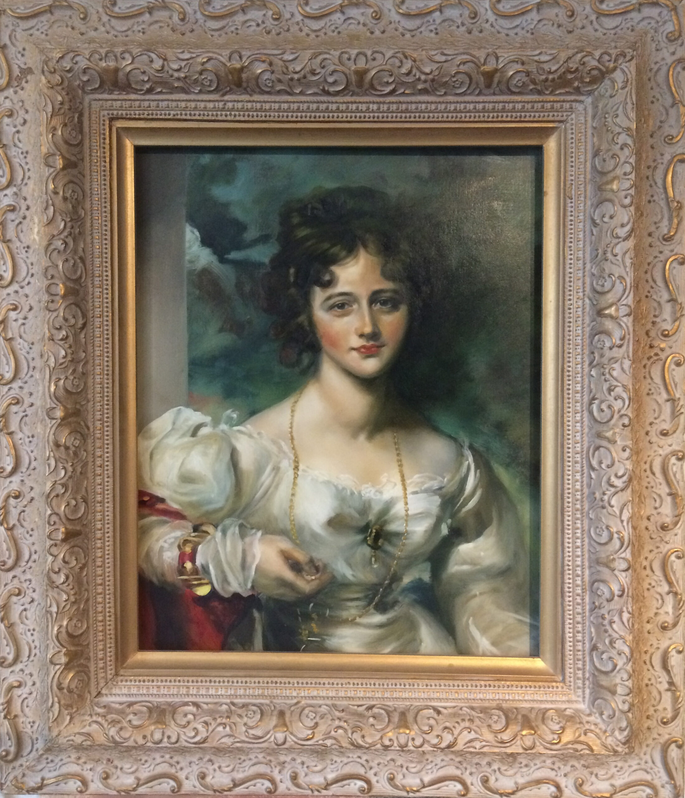 oil painting copy of artist ts lawrence, portrait of a young lady, 18th century style, lady in white dress posing.